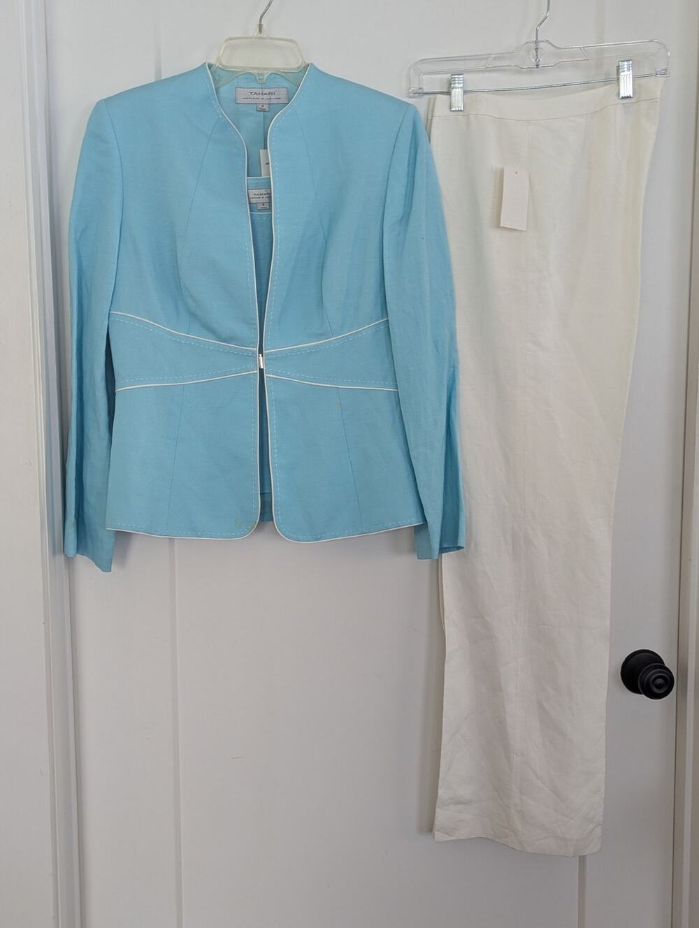 NWT Tahari Arthur S Levine Women 3 Pc Pant Suit Blue White Trim Jacket Tank Sz 8